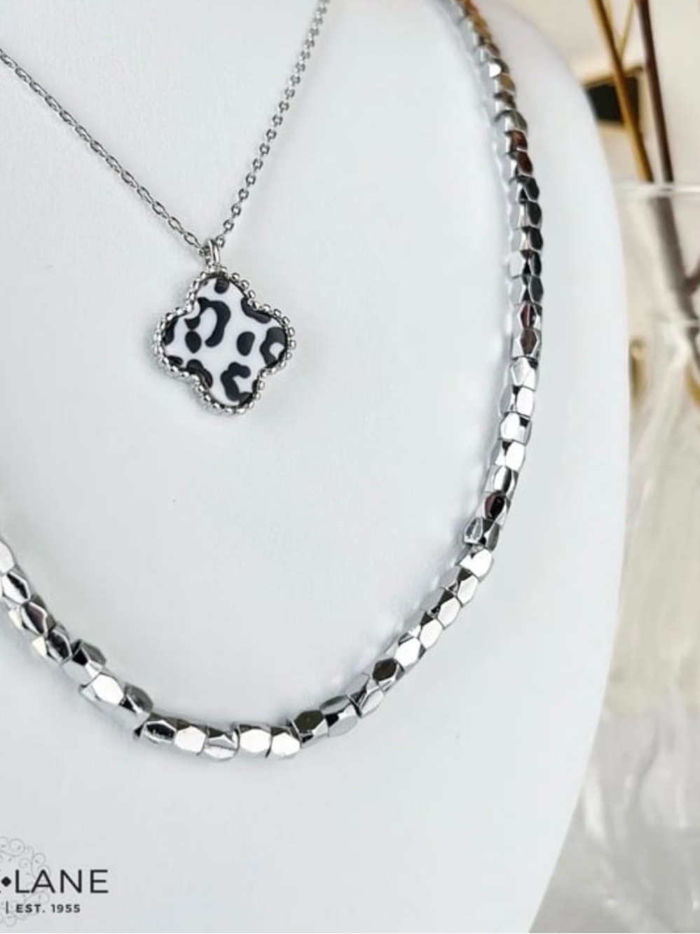 Park Lane Lana Black & White Leopard Clover Necklace & Studs - Picture 4 of 9
